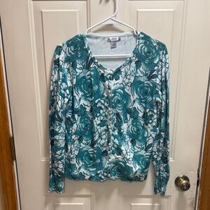 Vintage Willow Bay Teal and White Floral Button Up Knit Cardigan size L (14-16)